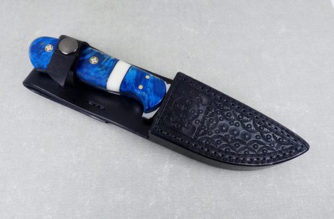 W55 Blue Figured Maple and Corian hunting knife in leather sheath