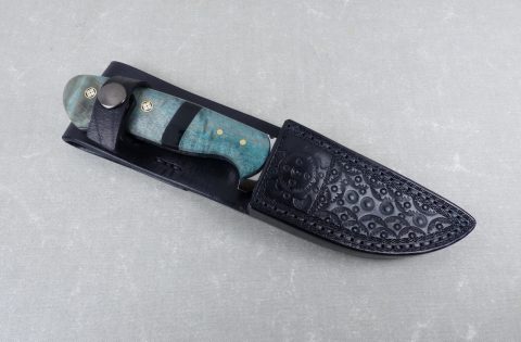 W56 Green Figured Maple and Black Micarta Hunting Knife inside black leather sheath