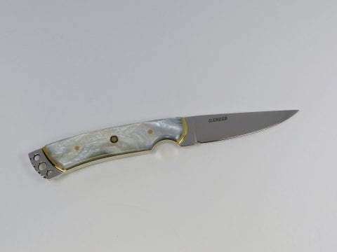 Bespoke art knife showing filed rear crown and center mosaic pin - S18