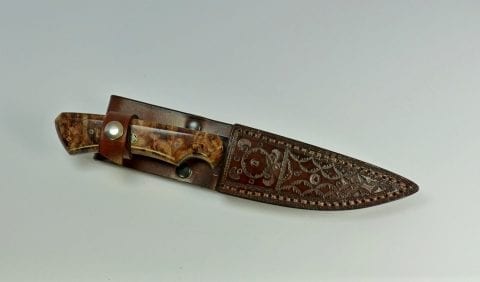 Brown etched knife inside handcrafted leather sheath - F4