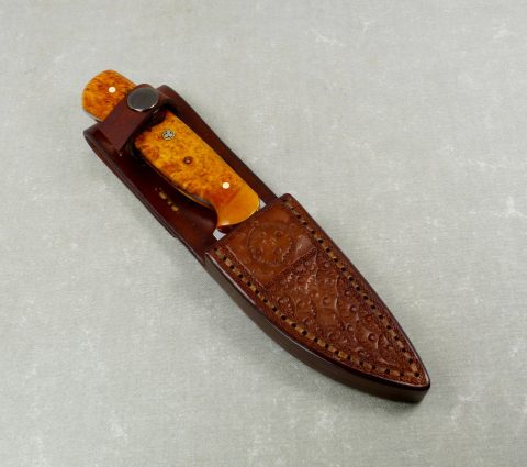 Gold Maple Burl Hunting Knife inside brown leather sheath W49