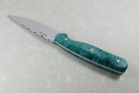 Side view of teal flame maple hunting knife W50