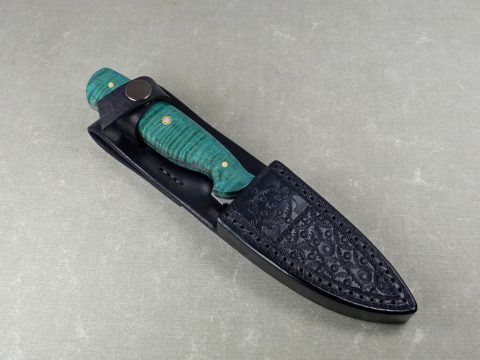 Teal Flame Maple Knife Inside Black Leather Sheath W50