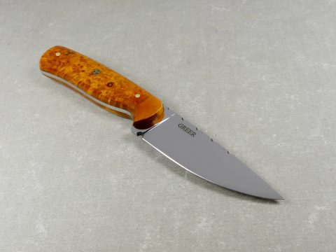 Top view of Gold Maple Burl Hunting Knife W49