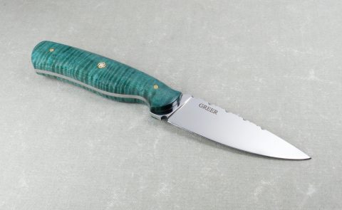 Top view of teal flame maple hunting knife W50